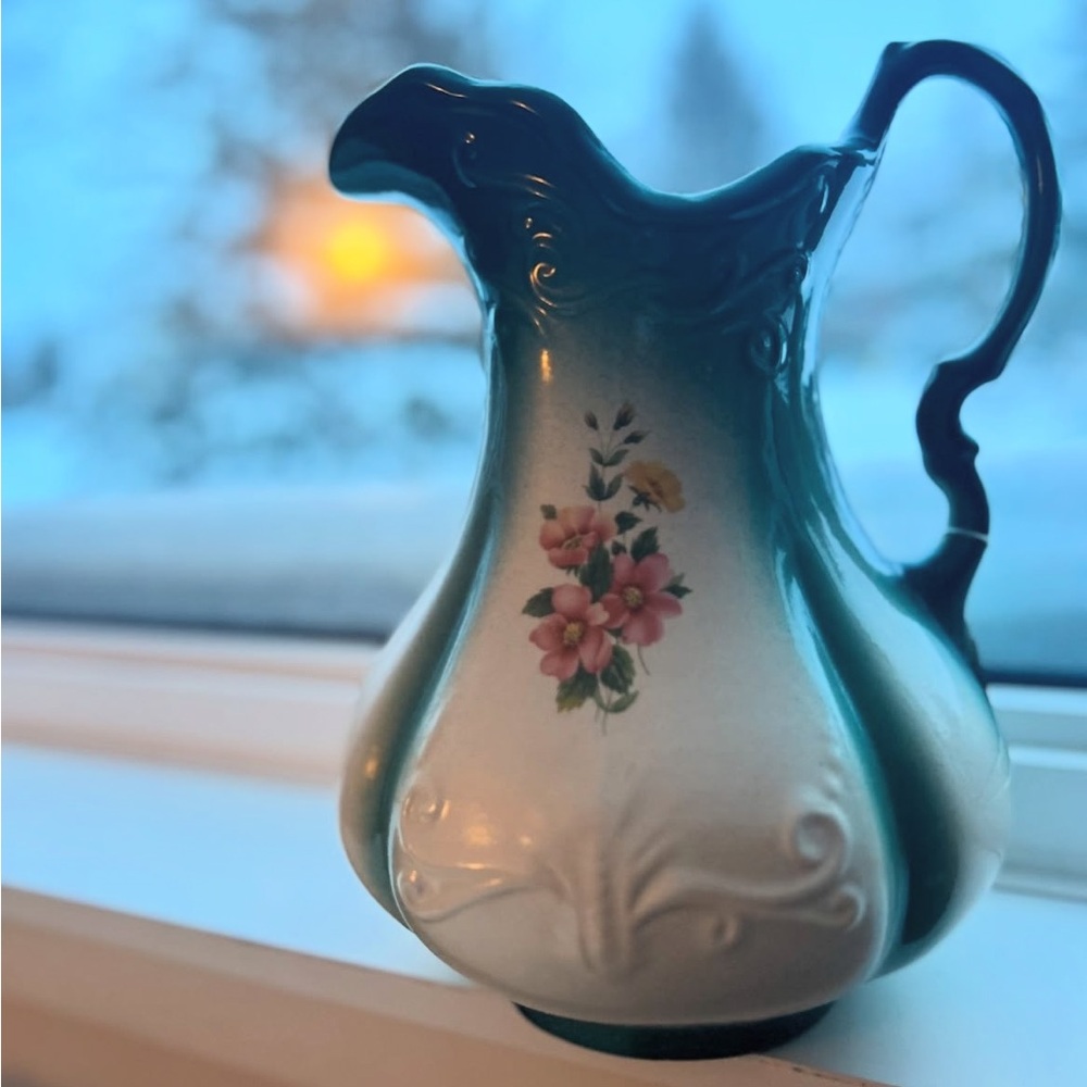 Large Floral Ceramic Pitcher with Green Accents
